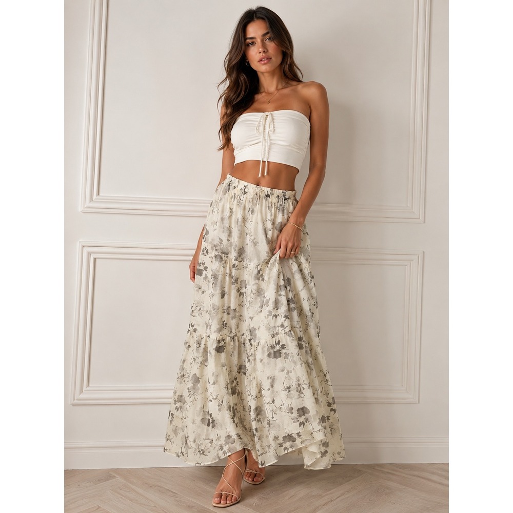 Commense Floral Print Maxi Skirt Women's Elastic Waist Boho Cottagecore size L